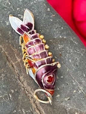 Vintage Cloisonné Articulated Fish Pendant Enamel Brass 1.5”